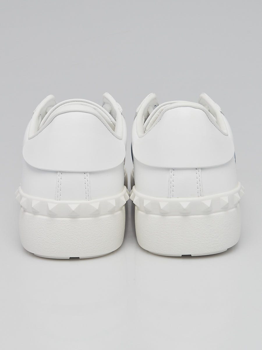 Valentino White/Blue Leather Rockstud Low-Top Sneakers Size 7.5/38