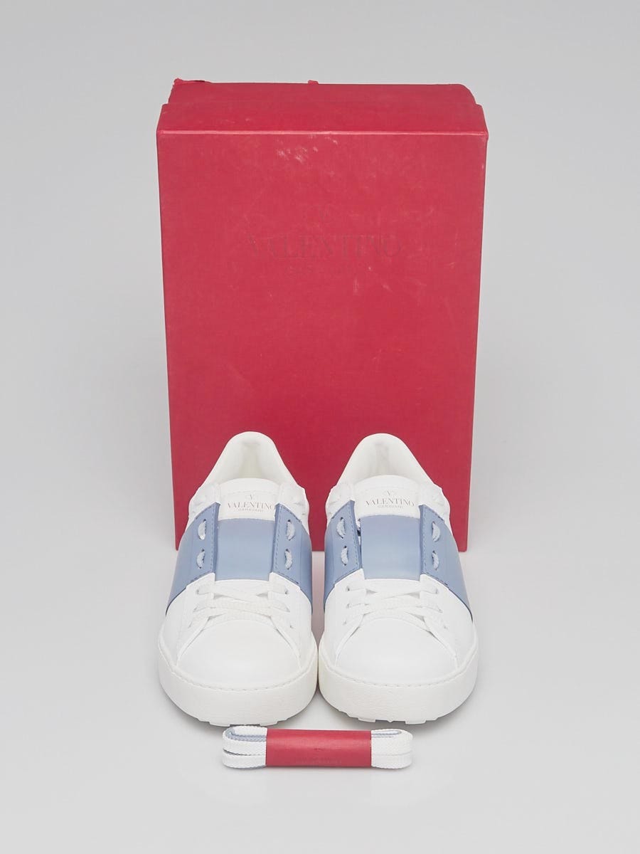 Valentino White/Blue Leather Rockstud Low-Top Sneakers Size