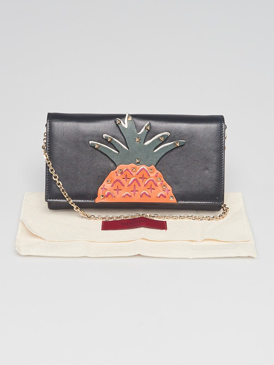 Valentino Black Lambskin Leather Rockstud Pineapple Wallet on Chain Clutch Bag Yoogi's Closet