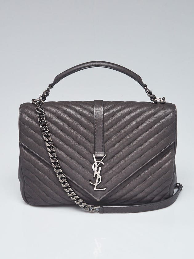 Yves Saint Laurent Grey Chevron Quilted Leather Monogram Large College Bag
