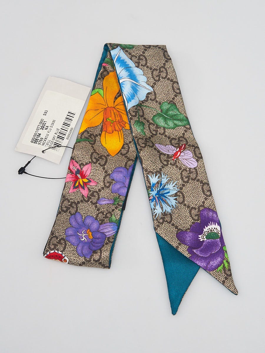 Gucci Beige/Ebony GG Silk Floral Print Twilly Neck Bow Scarf