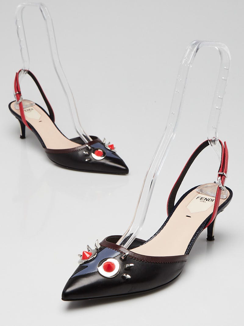 Fendi Black Leather Monster Eyes Slingback Kitten Heels Size 7.5 38 Yoogi s Closet