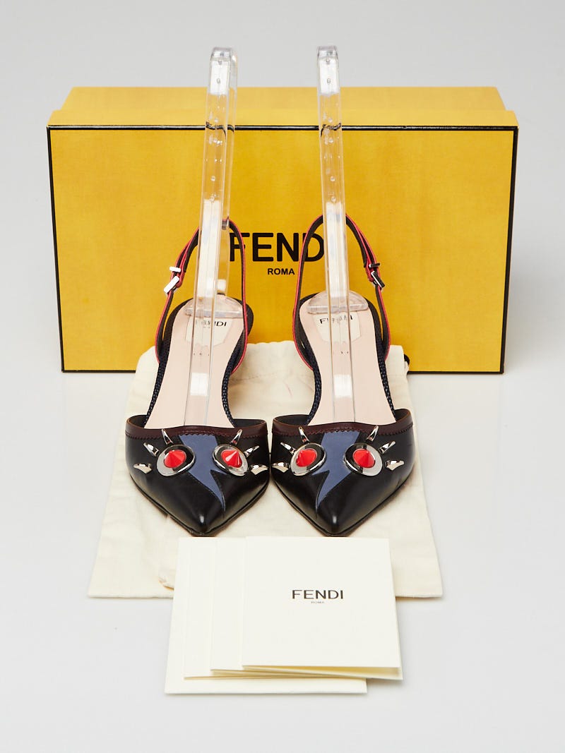 高級素材使用ブランド Monster Leather Black Fendi Eyes Size Heels Kitten Slingback 靴