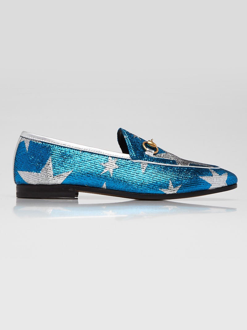 Gucci Blue/Silver Starry Sky Print Lurex Jordaan Loafers Size 6 