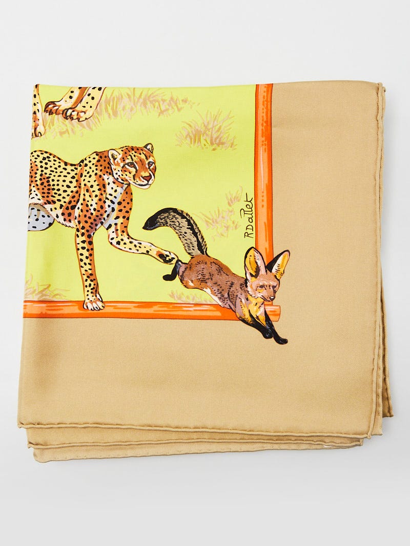Hermes Camel/Absinthe/Corail Silk Tendresse Feline Print Robert