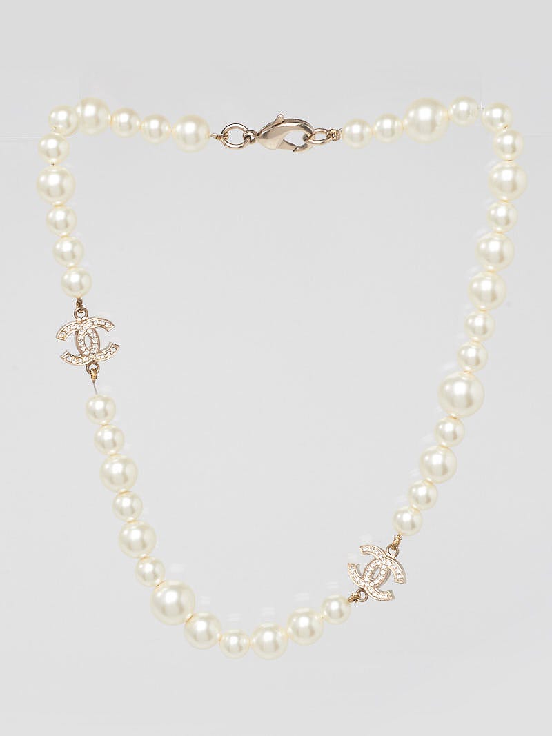 Chanel Faux Pearl Double Crystal CC Choker Necklace - Yoogi's Closet