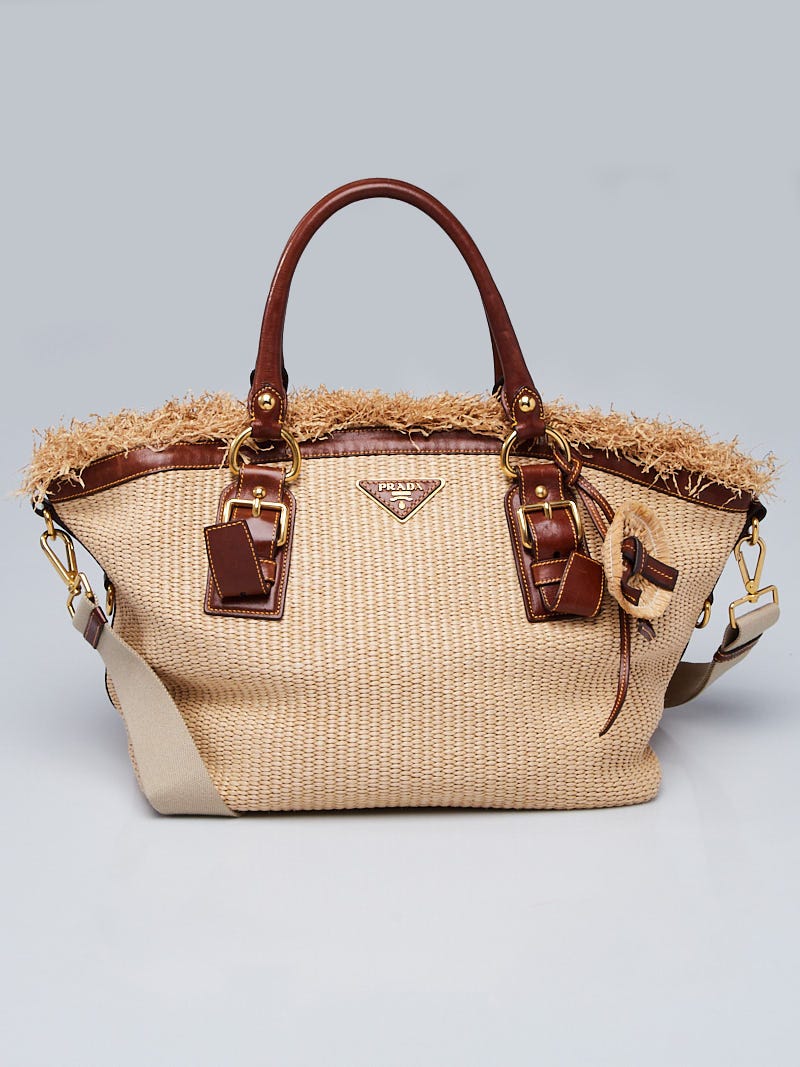 Prada Natural Woven Raffia and Leather Tote Bag w/Long Strap