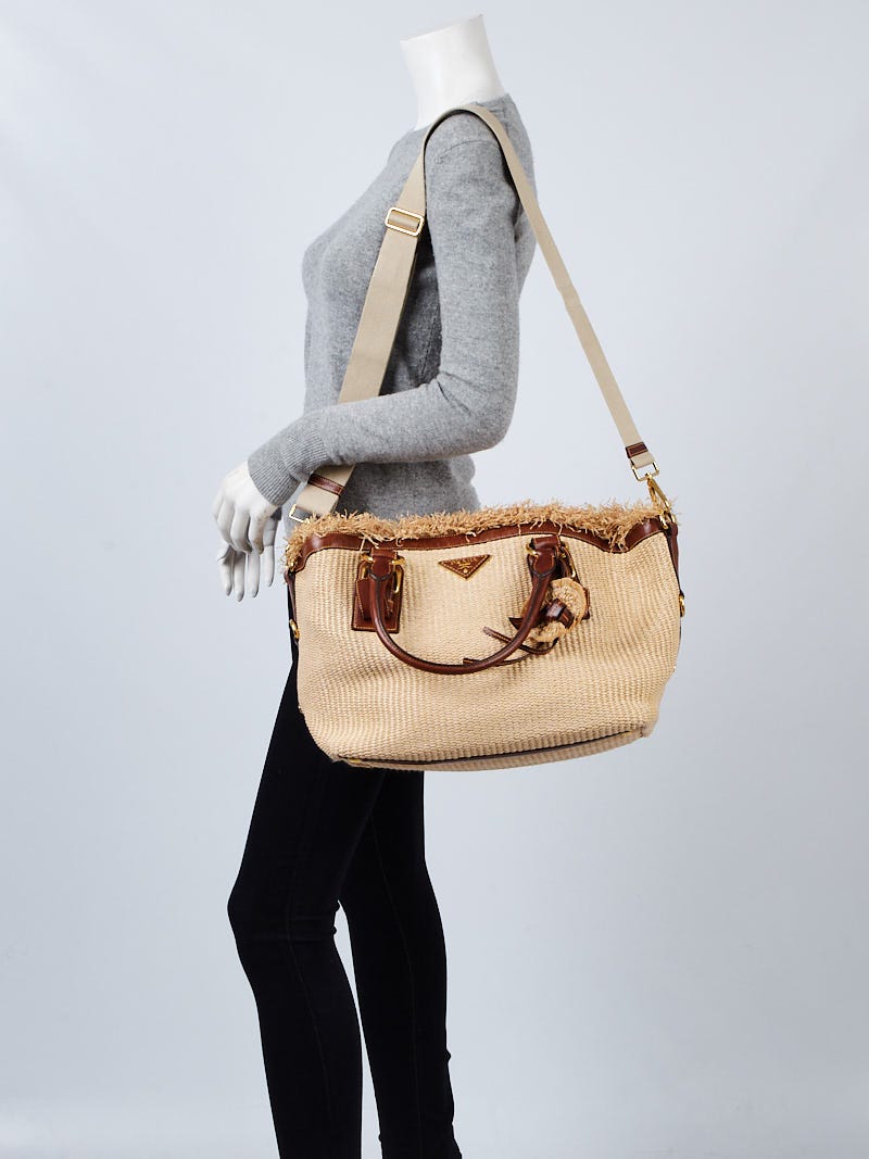 Prada Natural Woven Raffia and Leather Tote Bag w/Long Strap