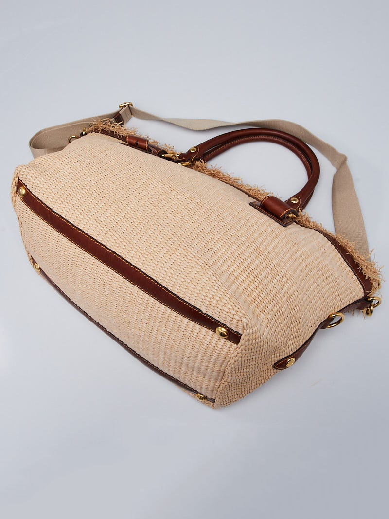 Prada Natural Woven Raffia and Leather Tote Bag w/Long Strap