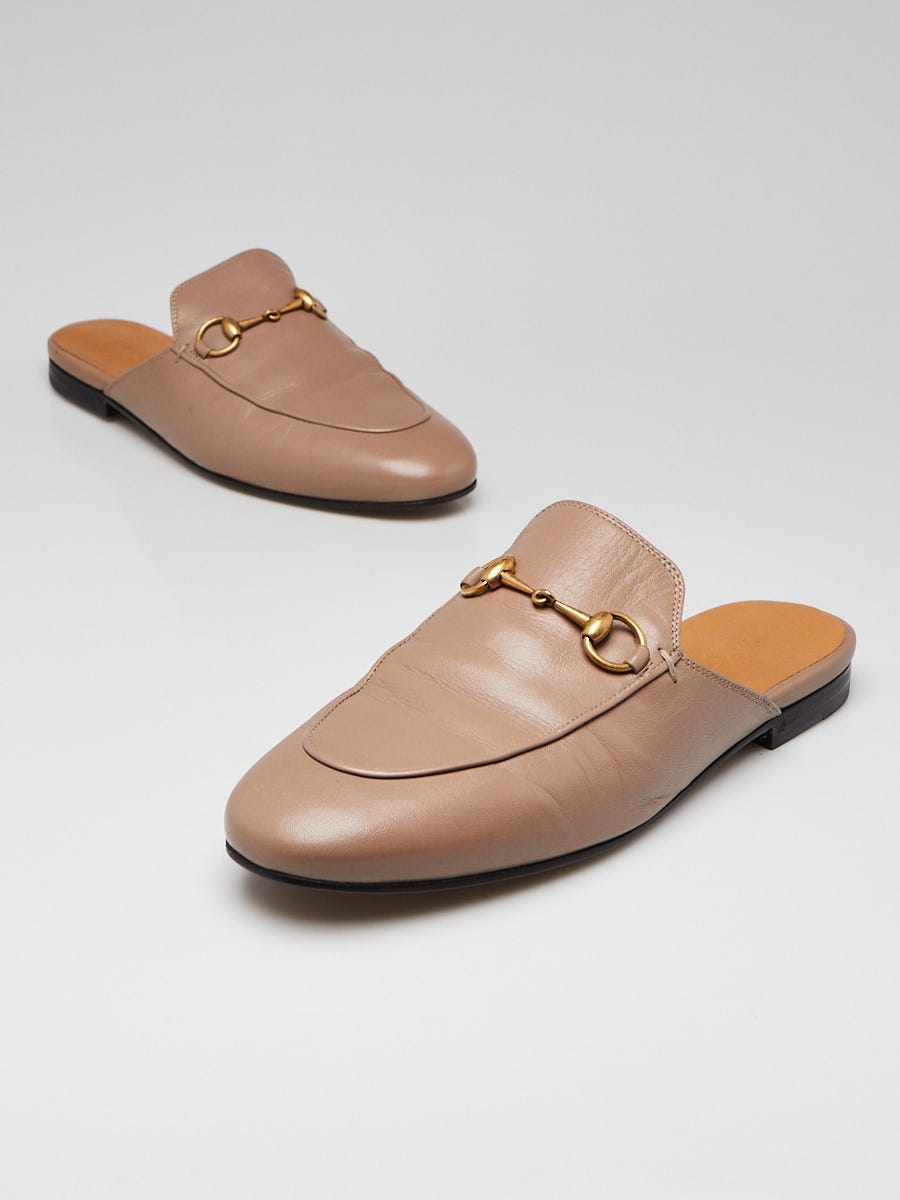 Gucci Mud Grey Leather Princetown Mule Flats Size 7.5 38 Yoogi s