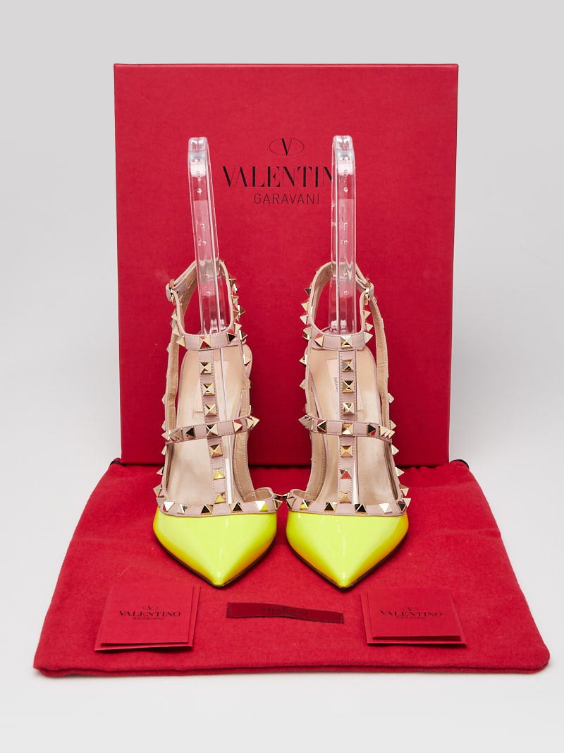 大特価 Leather Patent Yellow Neon Valentino Rockstud Pumps T-Strap パンツ