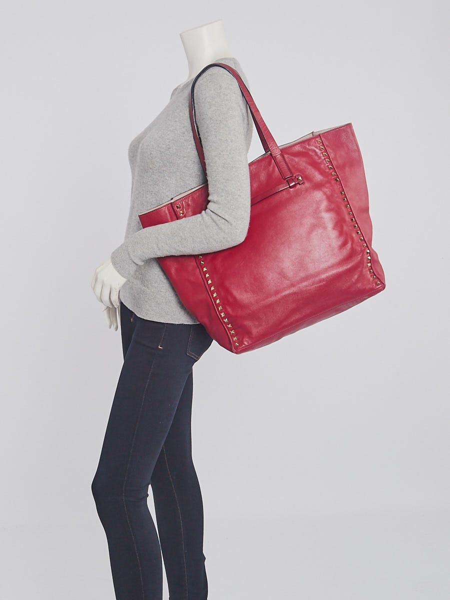Valentino Dark Red Calfskin Leather Rockstud Medium Shopping Tote Bag