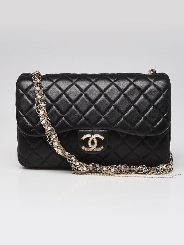 Chanel Black Quilted Lambskin Leather and Pearl Embellished Chain Flap Bag