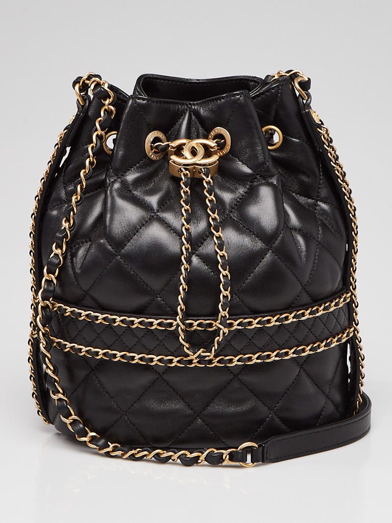 Chanel Black Quilted Lambskin Leather Chain Around Bucket Bag