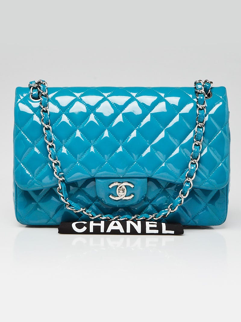 Chanel Blue Quilted Patent Leather Classic Jumbo Double Flap Bag