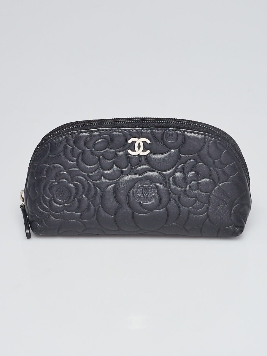 Chanel Black Camellia Embossed Lambskin Leather Cosmetic Bag - Yoogi's  Closet