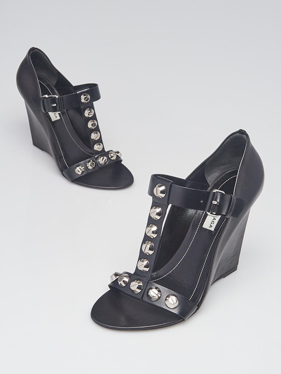 Balenciaga Black Leather T Strap Studded Wedges Size Yoogi s Closet