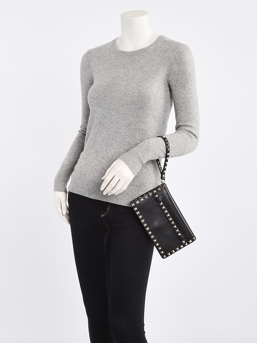 Valentino Black Leather Small  Rockstud Wristlet Clutch Bag