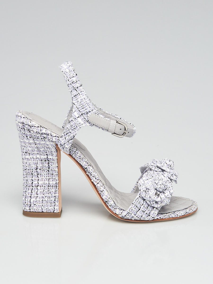 Chanel Purple/White Tweed Camellia Flower Sandals Size 8.5 Chanel Purple/White Tweed Camellia Flower Sandals Size 8.5