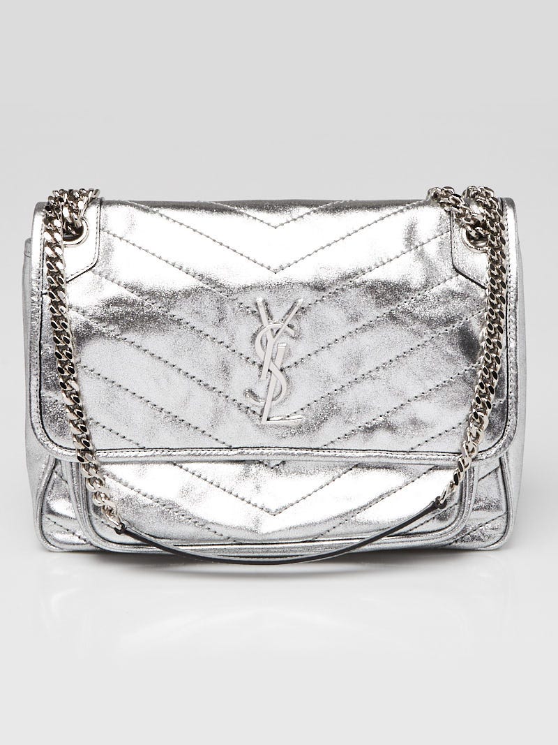 Yves Saint Laurent Metallic Silver Calfskin Leather Medium Niki