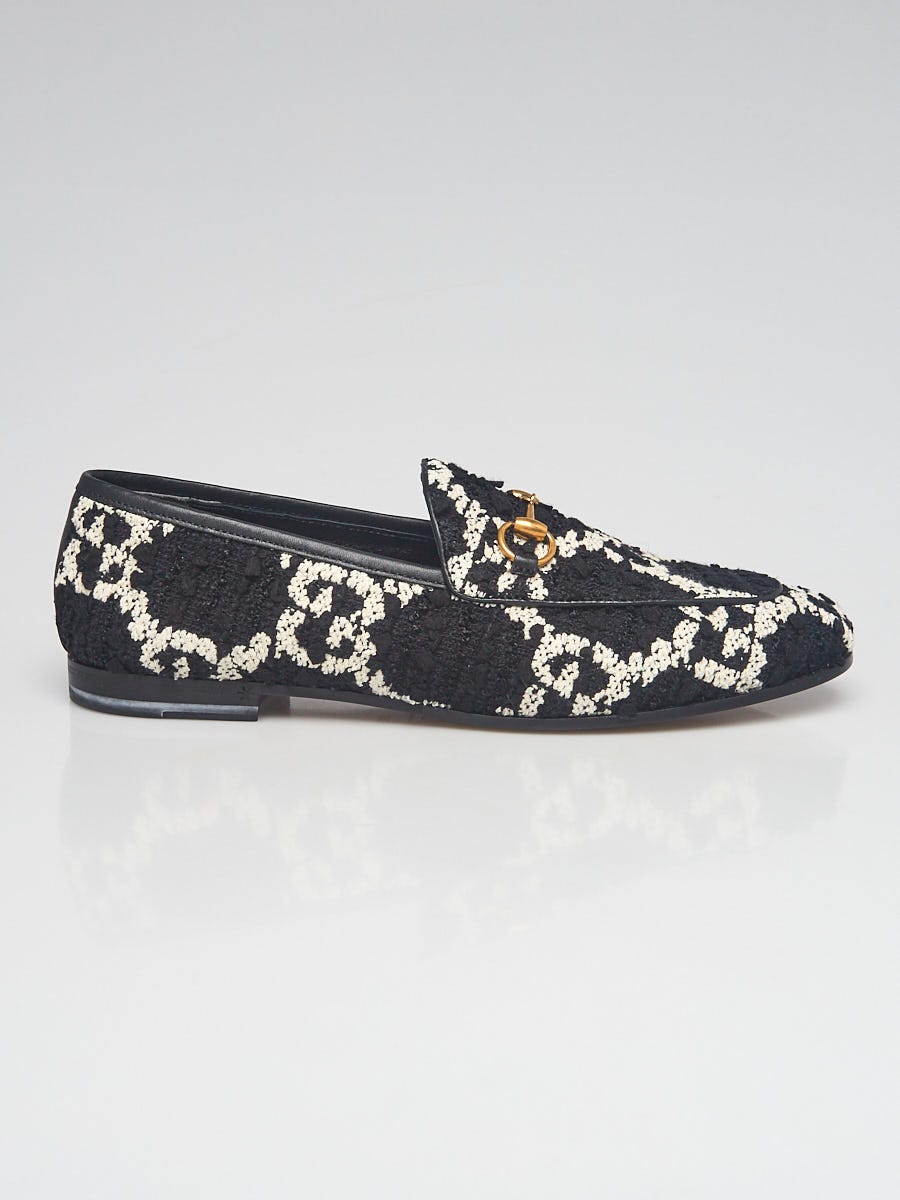 Gucci Black White GG Tweed Horsebit Jordaan Loafers Size 8 38.5