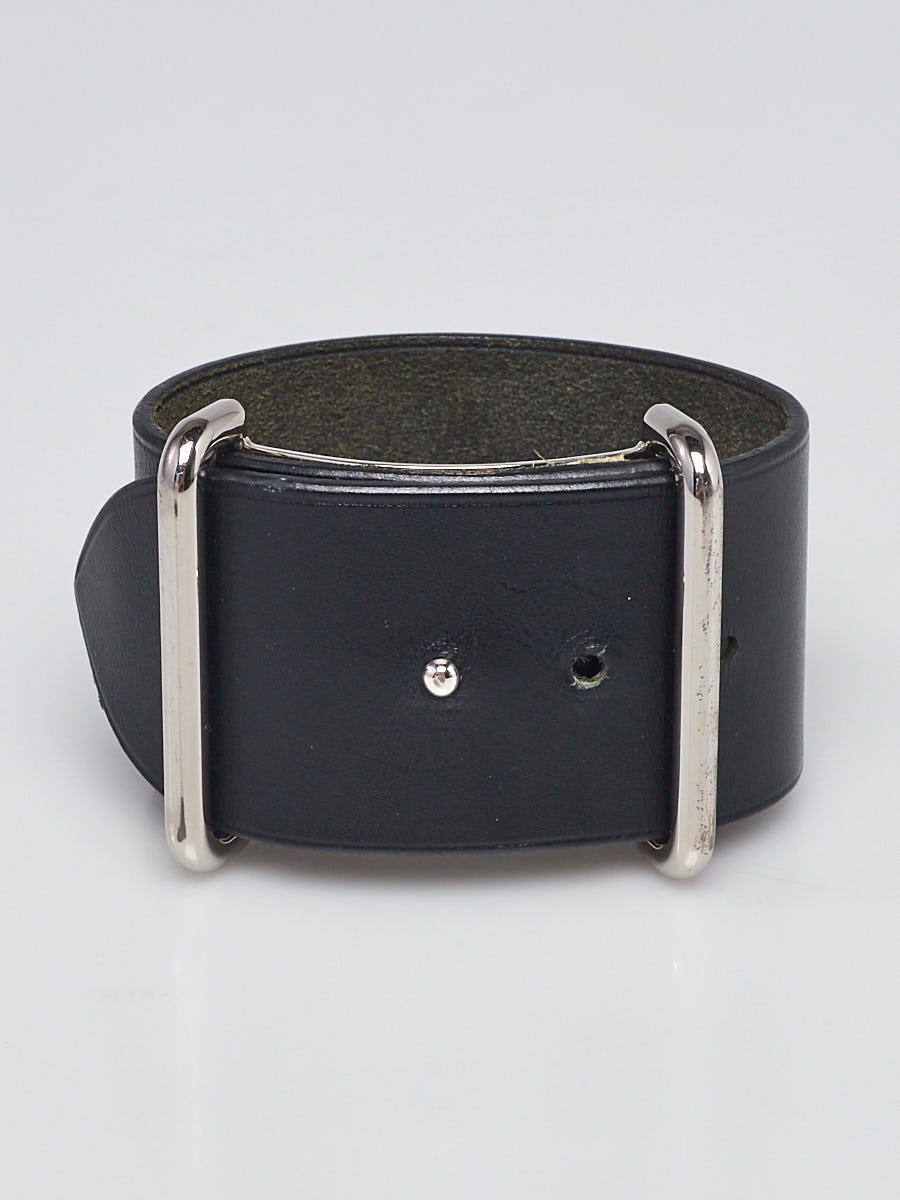 【大注目】 Adjustable Leather Box Black Hermes Wide Bracelet Cuff ブレスレット、バングル
