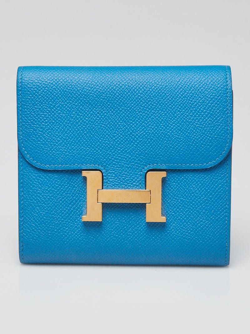 Hermes Bleu Zanzibar Epsom Leather Gold Plated Constance Compact