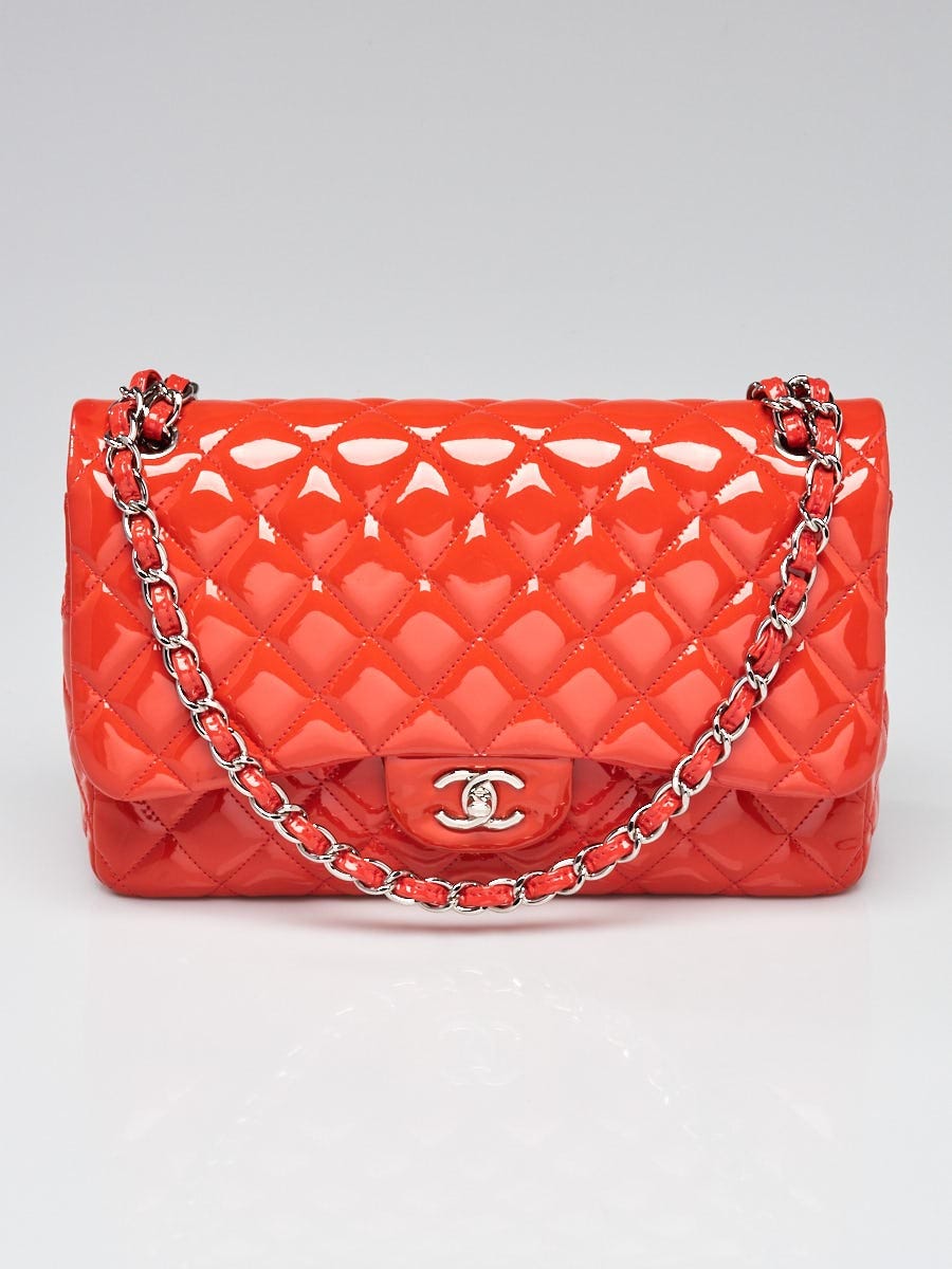 Chanel Peach Quilted Patent Leather Classic Jumbo Double Flap Bag