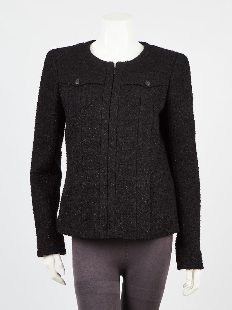 Chanel Black Wool Blend Tweed Collarless Jacket Size 8/40 - Yoogi's Closet