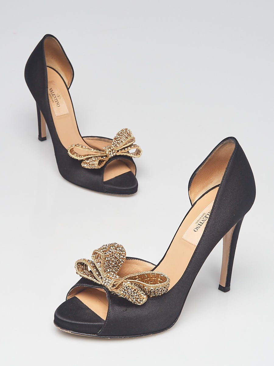 Valentino Black Satin Crystal Bow d'Orsay Open-Toe Pumps Size 5.5