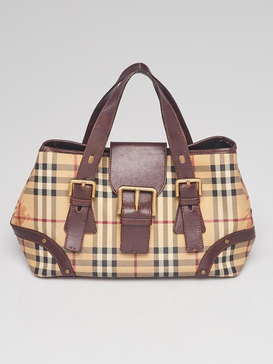 Burberry Brown Leather Haymarket Check Coated Canvas Small Buckle Tote Bag  - Yoogi's Closet