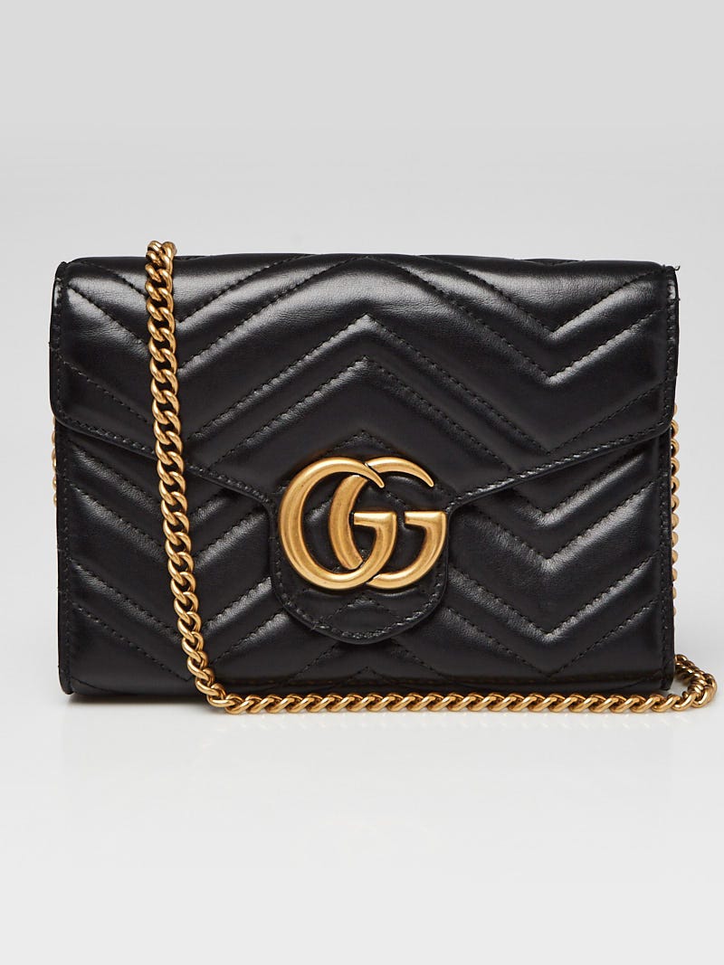 Gucci Black Quilted Leather GG Marmont Mini Chain Wallet Clutch