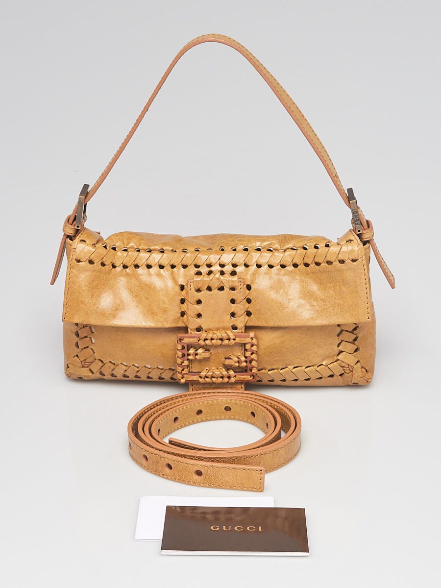 【FENDI】 brown leather baguette shoulder bag （関税送料込） Fendi Brown Glazed Woven Leather Baguette Bag - 8BT136