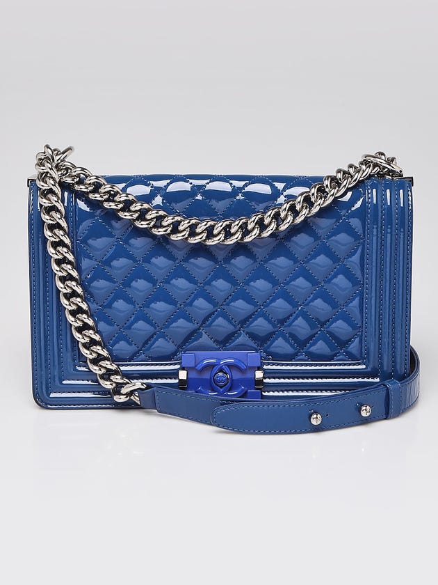 Chanel Blue Quilted Patent Leather Medium Plexiglass Boy Bag