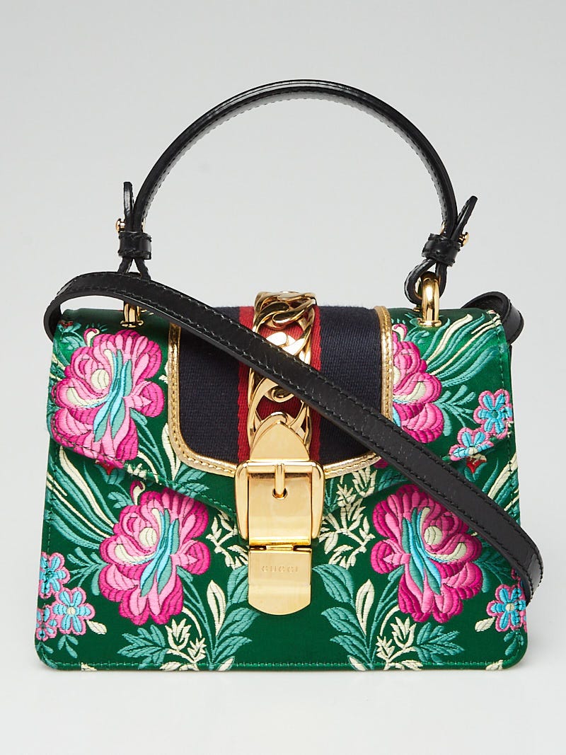 Gucci Green Silk Floral Brocade Mini Sylvie Top Handle Bag