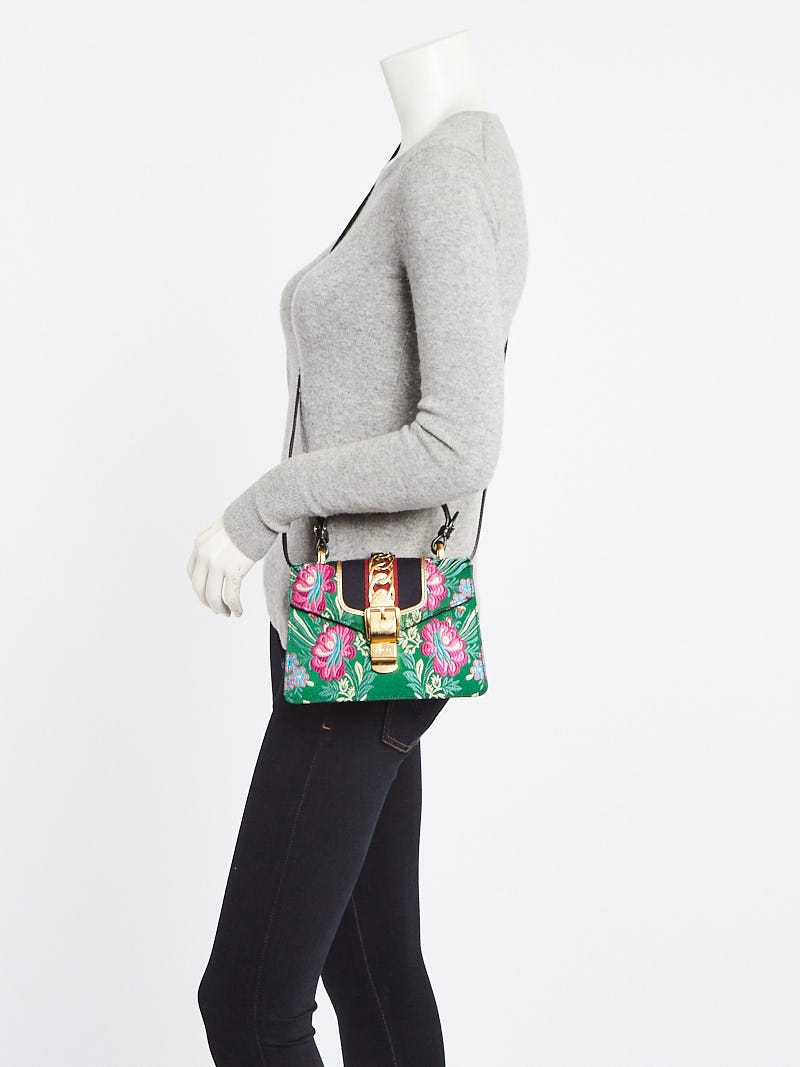 Gucci Green Silk Floral Brocade Mini Sylvie Top Handle Bag
