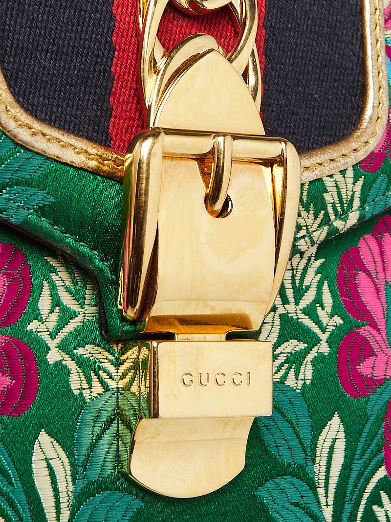 Gucci Green Silk Floral Brocade Mini Sylvie Top Handle Bag