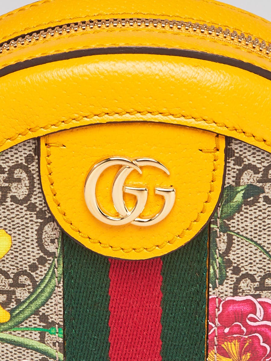 Gucci Yellow Leather Floral Print Canvas Ophidia Round Mini