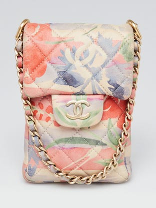 Pink Multicolor Floral Print Quilted Lambskin Leather Mini Smart Phone Holder Bag