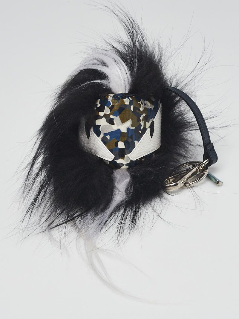 Fendi Black/White Fox Fur and Leather Monster Cube Bag Bugs Key