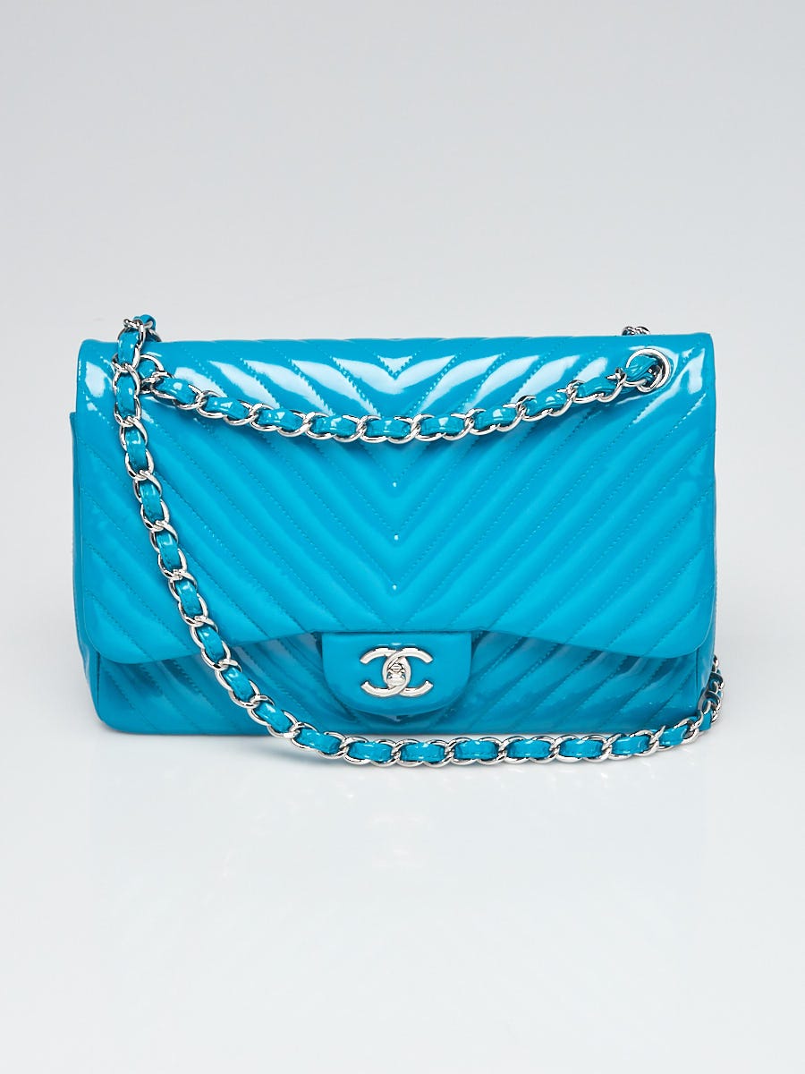 Chanel Blue Chevron Quilted Patent Leather Classic Jumbo Double Flap Bag