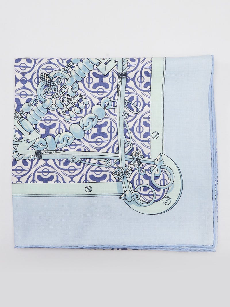 エルメス ツイリー MORS ET GOURMETTES REMIX Hermes Light Blue/Green Cashmere and Silk Hand Rolled 'Mors et