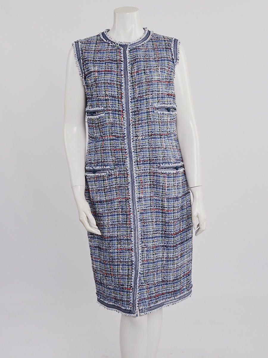 chanel blue tweed dress 2015 Chanel Fantasy Blue & Pink Tweed Button-Up Mini Dress main image 1