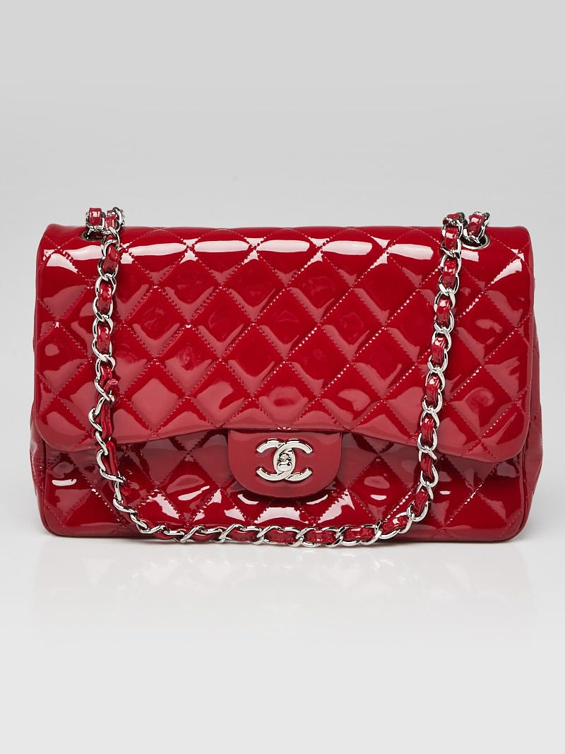 Chanel Red Quilted Patent Leather Classic Jumbo Double Flap Bag