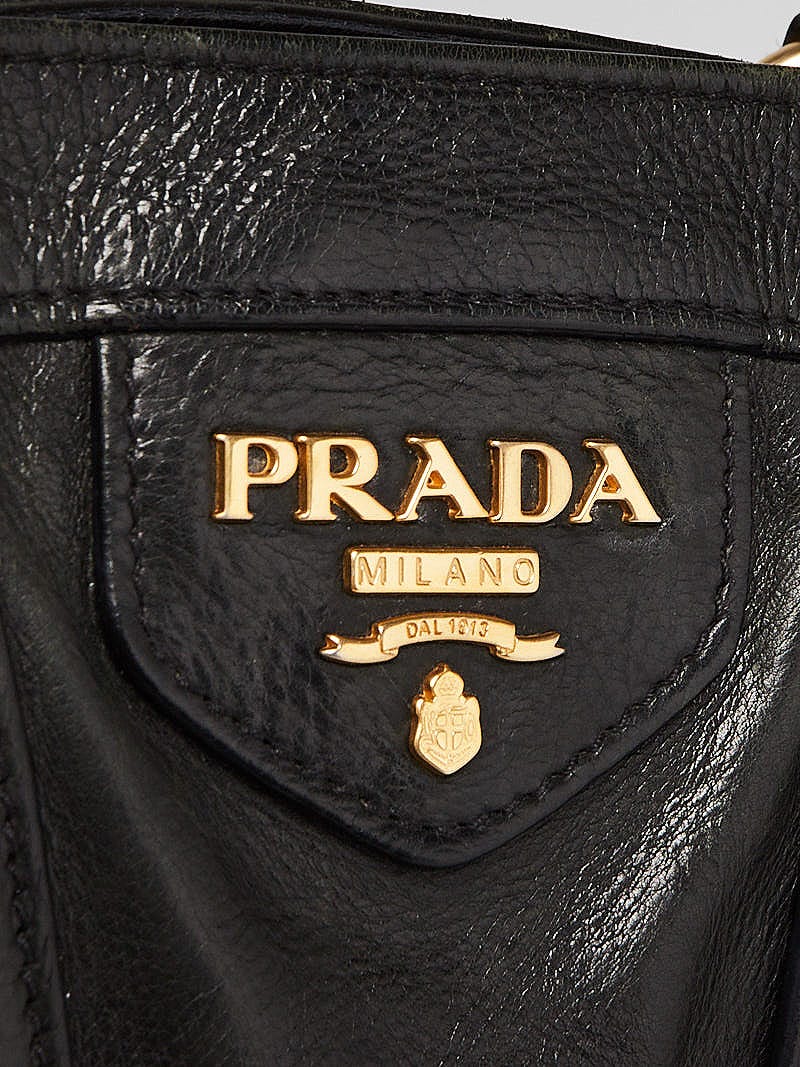 Prada Black Glace Calf Leather Shopping Tote Bag w/ Shoulder