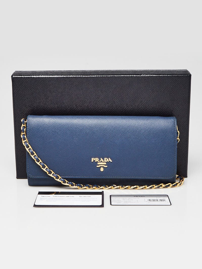 Prada Bluette Saffiano Metal Leather Wallet on Chain Clutch Bag