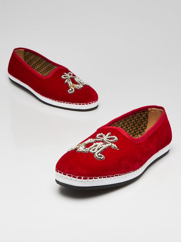 Gucci Red Velvet Moccasin Faux Pearl Embellished Flats Men's Size 7.5
