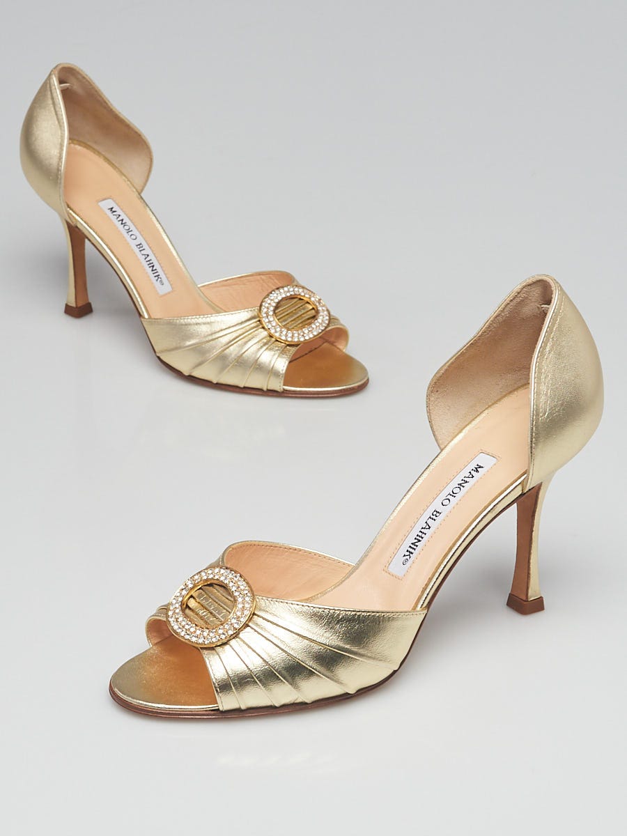 Manolo Blahnik Gold Napa Leather and Crystal Sedaraby d'Orsay Peep 