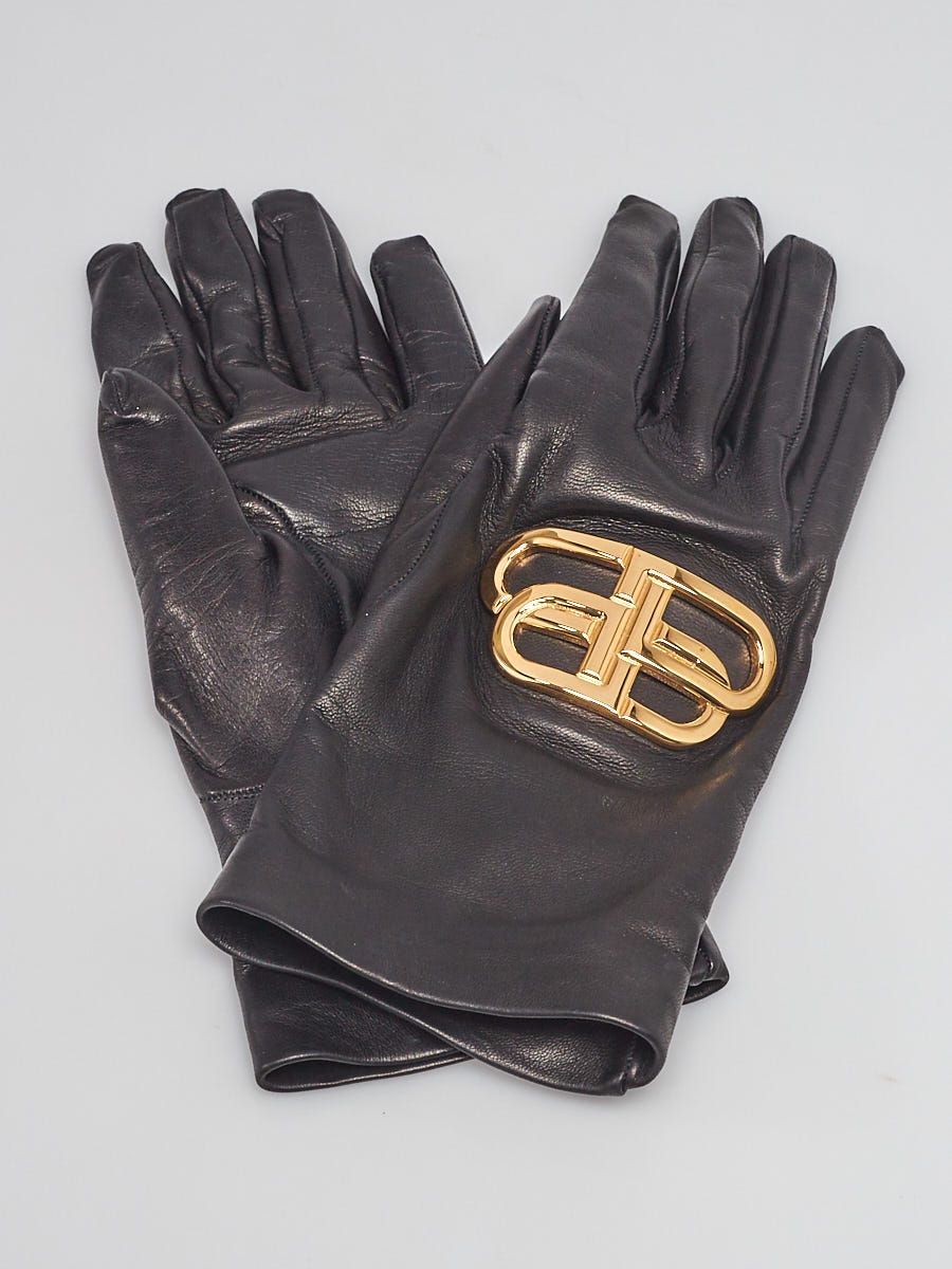 Balenciaga Black Leather Logo-Plaque Gloves Size 6 | Yoogi's Closet