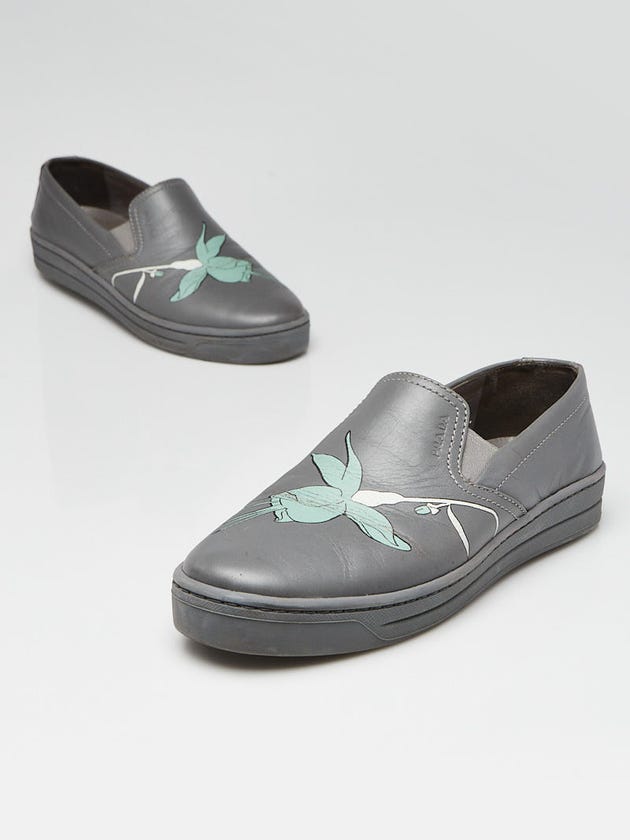 Prada Grey Leather Flower Print Slip On Sneakers Size 7/37.5